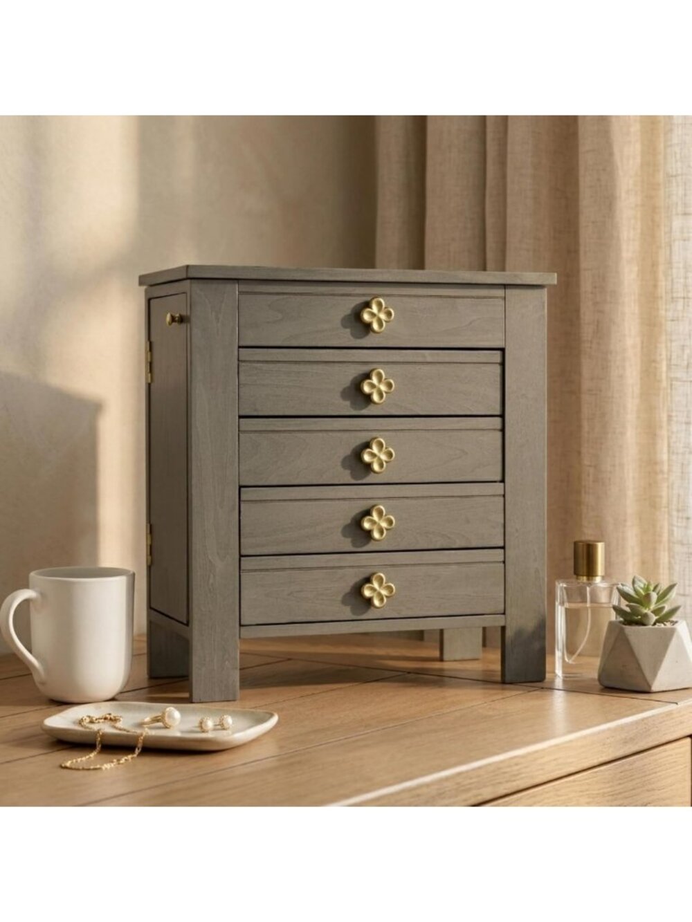 Stylish Wooden Jewelry Organizer Chest with 4 Drawers, Necklace Hooks